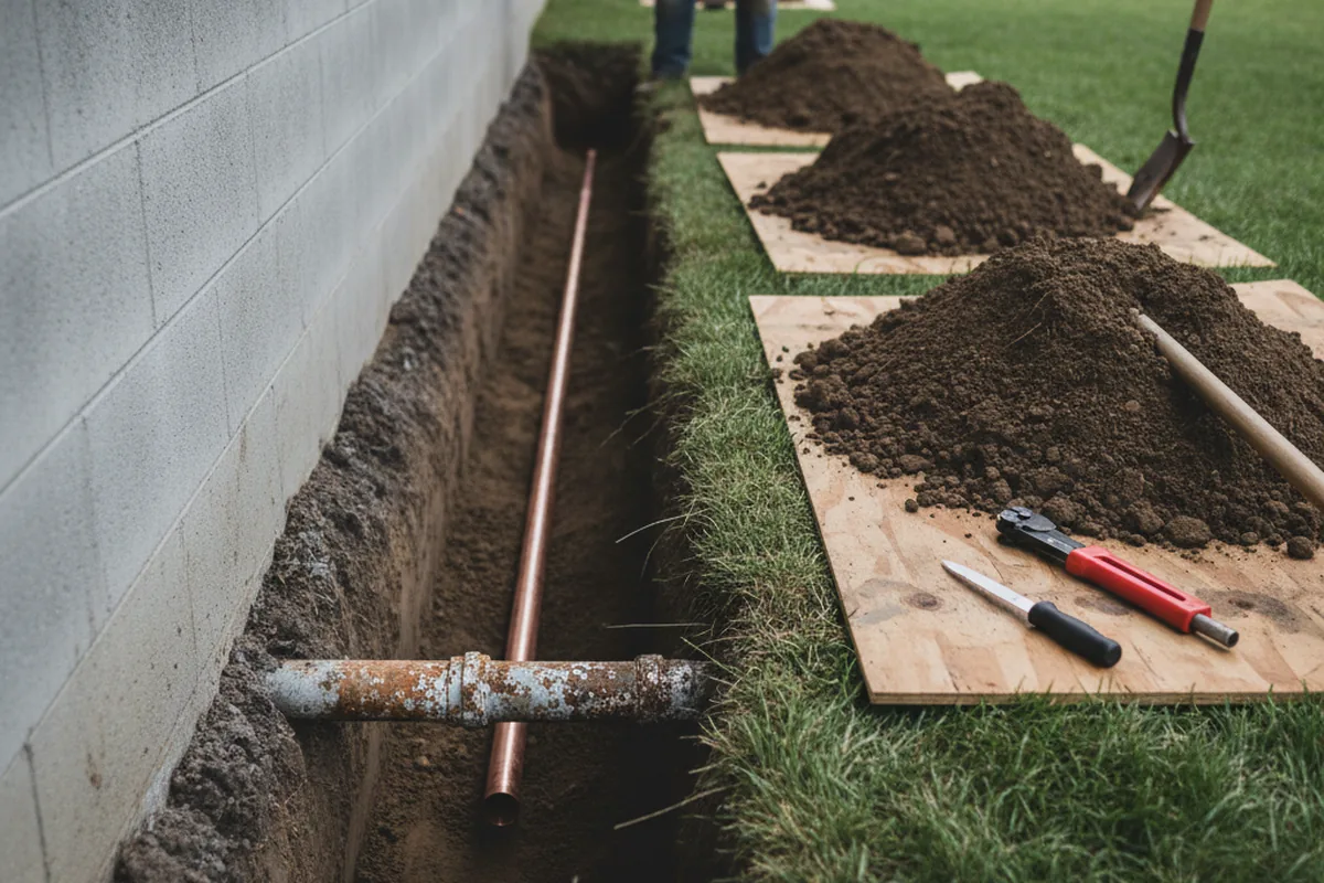 Excavated water line trench during Sewer Line Repair in Oreland